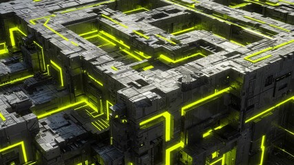 Complex Abstract Metallic Structure with Geometric Pattern Yellow Glowing Lines Digital Art Background Futuristic Technology Design Render