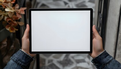 Hand uses tablet, white screen view.