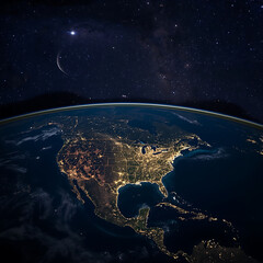 Wall Mural - A view from space shows North America illuminated against a starry night sky.