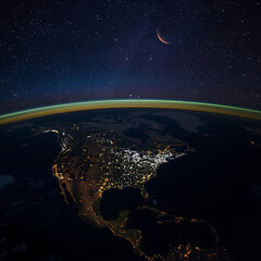 Wall Mural - A view from space shows North America illuminated against a starry night sky.