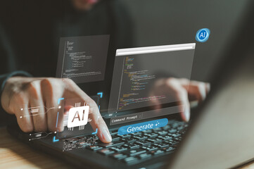 Hands typing on laptop with dual coding screens and AI chip interface showing command prompt and generate button. AI-powered software development and automated programming concept visualization.