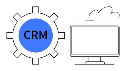 Gear labeled CRM, computer monitor, and cloud above symbolize systems integration, data management, and technology. Ideal for business, productivity, CRM software, cloud storage innovation