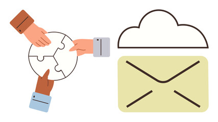 Wall Mural - Three hands assembling puzzle pieces symbolizing teamwork, next to a cloud and envelope for online communication. Ideal for collaboration, communication, team building, cloud storage, email