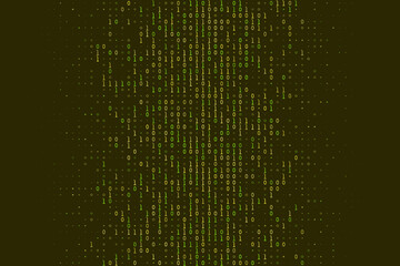Abstract digital binary code data stream background with falling green and yellow numbers, representing technology, programming, and cybersecurity concepts in a futuristic matrix style.