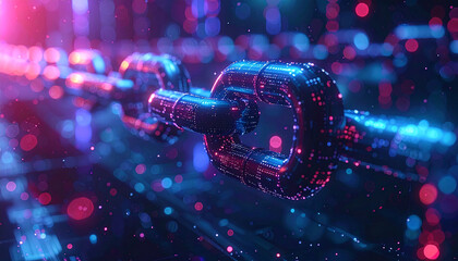 Cybernetic Chain: A close-up view of a metallic chain, its links aglow with vibrant neon hues, set against a backdrop of sparkling digital data, representing interconnectedness and digital security.