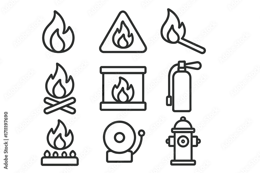 Fire safety line icon set. Vector collection of outline symbols. Flame ...