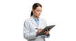 © Donnangelo - A female doctor in a white lab coat writing on a clipboard, isolated on transparent background