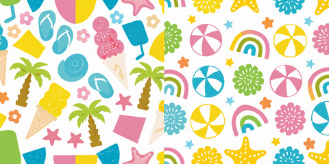 Vibrant summer beach vacation pattern with palm trees ice cream flip flops and beach balls