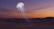 © Mihoub - A surreal desert landscape illuminated by a dusky sky, featuring a floating jellyfish, evoking a dreamlike and otherworldly atmosphere
