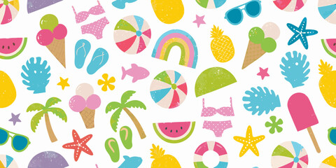 Colorful summer vacation pattern with ice cream beach balls sunglasses and tropical elements