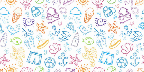 Whimsical hand drawn summer vacation beach icons seamless pattern