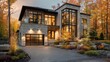 © Vibe - Luxurious modern house with large glass windows and stone cladding, flat roof design, covered garage, autumn foliage,