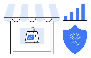 Wall Mural - Storefront with eco-friendly shopping bag, fingerprint shield for security, and chart symbolizing growth. Ideal for online shopping, cybersecurity, sustainability, analytics, innovation, business