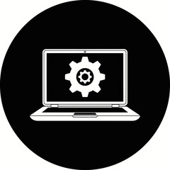 Vector art of a white line drawing of a laptop with a gear on the screen, set against a black circular background