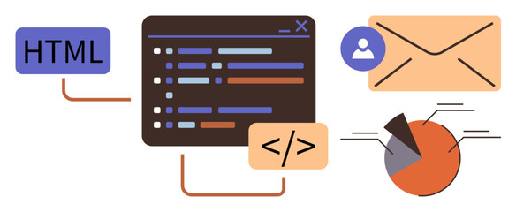 Coding window representing web development HTML and email icons, user profile, and pie chart connected. Ideal for programming, analytics, email marketing, user management, data processing, software