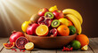 © Md - Wooden bowl filled with fresh fruits on rustic table in studio shot podium