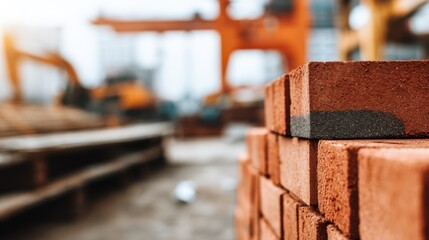 Close-Up View of Red Brick Stacked on Construction Site with Heavy Machinery and Blurred Background for Industrial Use