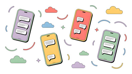 Colorful smartphones with chat bubbles floating create a modern, vibrant communication concept for social media and digital marketing needs