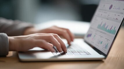 Digital Insights: Hands meticulously navigate the keyboard, the screen displaying intricate analytical data in a modern, professional setting. Focused on financial analysis, research and innovation