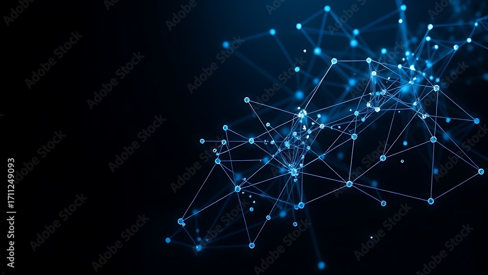 Abstract network of connected nodes and flowing lines in blue and silver on a dark background.