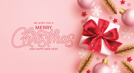 Wall Mural - Christmas greeting card clipart banner. Merry Christmas and Happy New year wishes clip art with gif box, gold spruce and snowflakes decoration elements in pink elegant background vector illustration.

