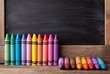 © MonoWorks - Array of colorful crayons arranged on rustic wooden surface against dark chalkboard backdrop