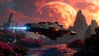 © Ponpes - Futuristic spaceship over alien landscape with fiery planet