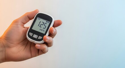 A person's hand holds a portable glucose meter displaying a reading of 125 mg/dL.