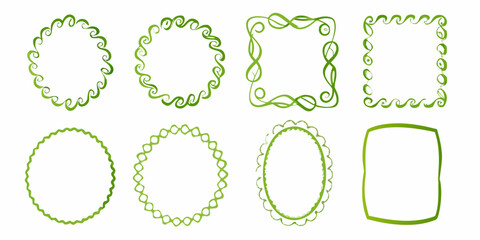 Collection of eight decorative green organic vine and swirl borders and frames on a white background