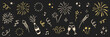 © Polina Tomtosova - Fireworks new year set. Hand drawn vector elements with doodle golden confetti, firecracker and festive sparkle for birthday, party, or new year celebration. Gold firework vector illustration