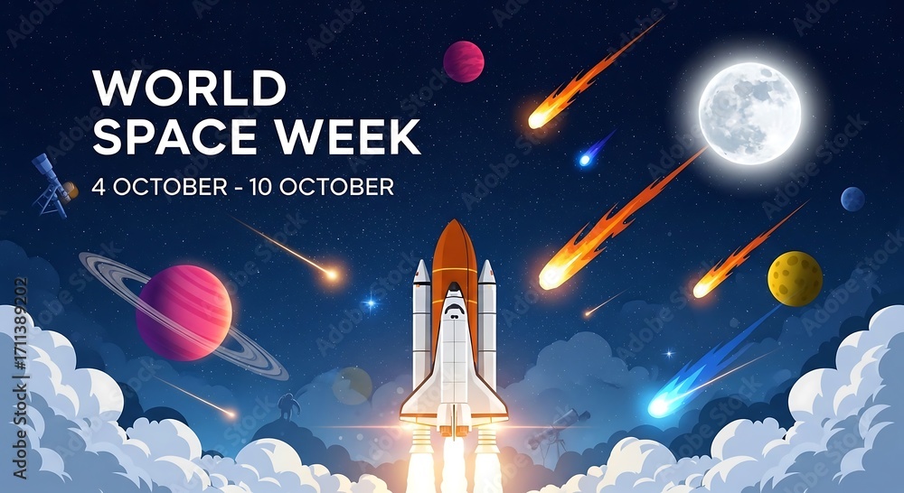 Space Week Making Rockets World space week with rocket launch and celestial objects in outer ...