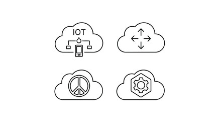 Vector illustration of cloud computing icons representing iot, network, peace, and setting internet of things and global connection concept