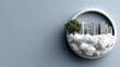 © KN Studio - Eco-City Dreamscape: A conceptual cityscape encircled by clouds and a minimalist white frame, offering a vision of urban sustainability and harmonious coexistence with nature.
