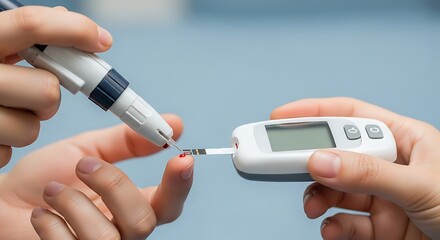 Close-up of a person using a glucose meter to check their blood sugar level by pricking their finger.