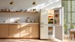 © nicole - Minimalist Loft Kitchen with Vintage Refrigerator and Light Wood Cabinets