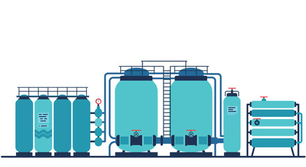 Stylized vector illustration of water purification and processing station