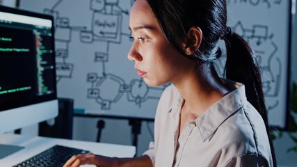 Young asian woman coding late in a dim office, focused on algorithms and application development as she types at a monitor beside a whiteboard of notes