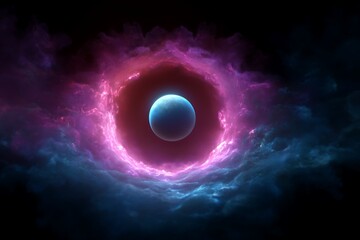 Wall Mural - Black hole with planet in pink nebula