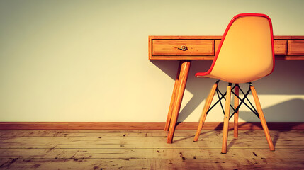 Wall Mural - of clean workspace with modern chair and white tabletop under soft light