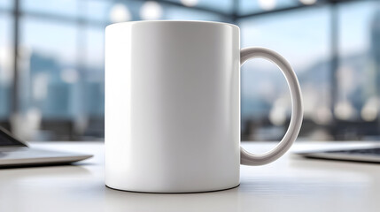 Wall Mural - desk with single laptop and coffee mug under soft natural light from window