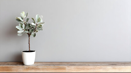 Wall Mural - plant on wooden table in quiet workspace with light gray wall
