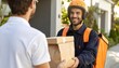 © StocksJust4You - Young delivery man holding brown takeaway food package, wearing bright orange insulated backpack, smiling while walking toward customer house front entrance outdoors
