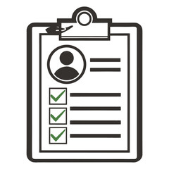 Clipboard icon with user profile checklist and lines representing data or tasks stakeholder icon