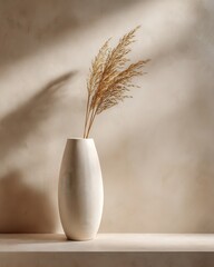Wall Mural - Minimalist Tall Ceramic Vase with Dried Grass on Neutral Background