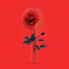 Wall Mural - Vibrant Red Flower with Abstract Elements and Geometric Patterns