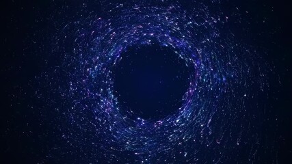 Vibrant cosmic swirl of glowing particles against deep space darkness