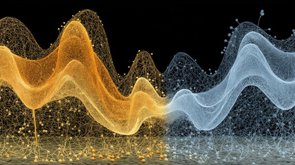 Tech wave mesh structure background with orange-yellow and blue-white colors, dots and filament bottom elements