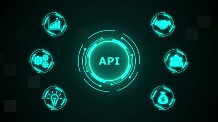 API - Application Programming Interface. Software development tool. Business, modern technology, internet and networking concept. Hi tech motion graphic background, white flickering dots on background