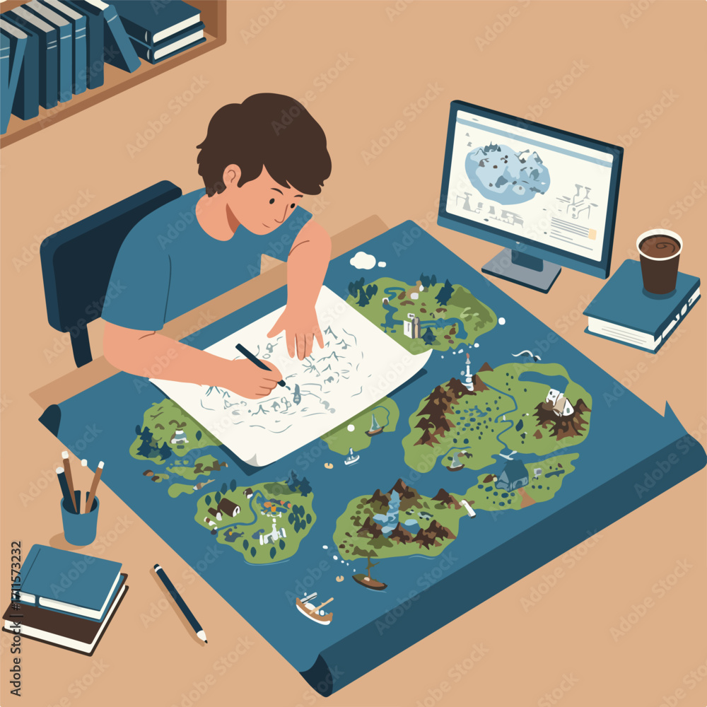 Mapping Computer Drawing Cartoon man drawing on a map with a computer, books and cup of coffee ...