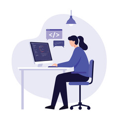 Cartoon illustration of a person coding at a desk under a hanging lamp